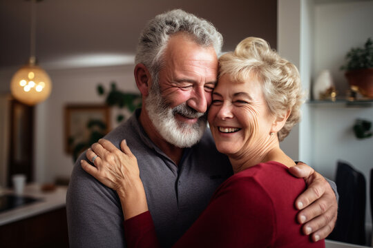 Senior adult mature retired couple hugging with a smile indoors. High quality photo