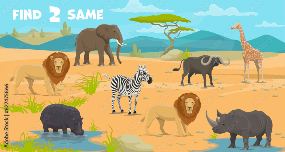 Poster find two same african savannah safari animals on kids game worksheet, vector puzzle quiz. lion, elep