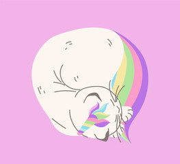 Cute caticorn sleeping concept. White cat with rainbow mane and horn. Cute domestic animal. Template, layout and mock up. Cartoon flat vector illustration isolated on pink background