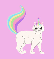 Cute caticorn standing concept. White cat with rainbow mane and horn. Fictional character from fairy tale. Poster or banner. Cartoon flat vector illustration isolated on pink background