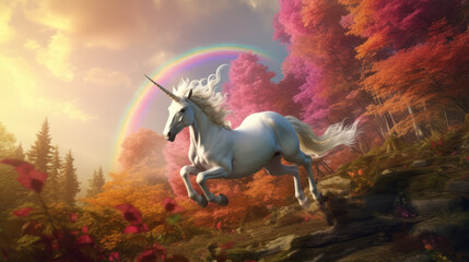 A unicorn jumping in a pink forest with a rainbow in the background
