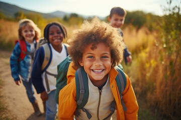 Portrait of a group of children going back to school . Child wearing a backpack ready for the first day of kindergarten