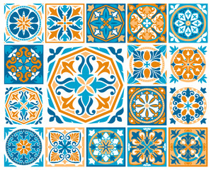 Moroccan and azulejo tile patterns. Majolica, talavera ornaments, flower and leaf ceramic mosaic. Vector portuguese, spanish or mexican tiles for wall and floor with arabesque pattern and floral motif