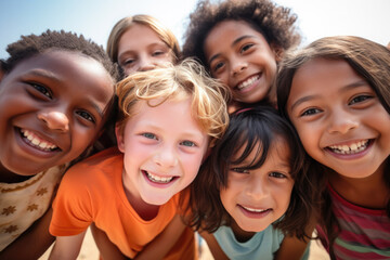 Group of cheerful happy multiethnic children outdoors