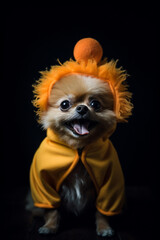 Funny dog in halloween jack-o-lantern  pumpkin costume. Generative AI