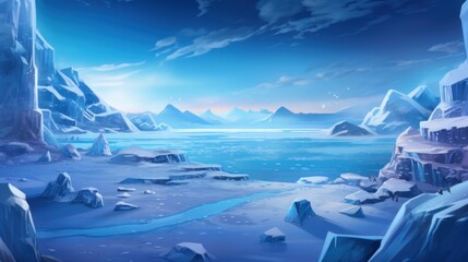 Frozen, snowy wasteland with ice formations, polar animals, and the aurora borealis in the sky game art