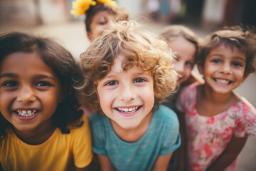 Obraz premium Group of cheerful happy multiethnic children outdoors