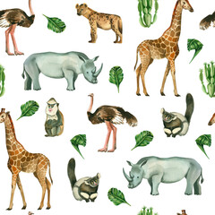 Seamless pattern. Animals of Africa: giraffe, rhinoceros, spotted hyena, ostrich, monkeys hand-painted in watercolor. Suitable for printing on fabric and paper, for the design of books and magazines.