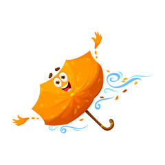 Cartoon orange umbrella character flying with wind flow. Adorable entertaining vector parasol with beaming face radiating positive feelings. Isolated symbol for weather forecast, climate app emoticon