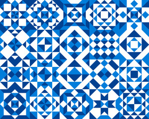 Blue ceramic tile pattern with moroccan or portuguese azulejo ornament. Vector background of geometric mosaic with indigo and white floral elements, square, triangle and rectangle geometric shapes - obrazy, fototapety, plakaty