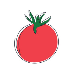 Tomato in continuous drawing style. Abstract minimalistic style. One line drawing fresh vegetables. Tomato outline with color. Line art single line. Doodle for logo or poster.