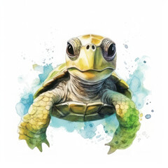 Watercolor cute turtle on a white background. AI generative.