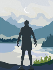 Silhouette of a male warrior on the background of a landscape with a starry sky, a lake and mountains.