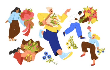 People enjoying floral bouquets set. Romantic gifts and presents for valentines day and wedding anniversary. Men and women with flowers. Cartoon flat vector collection isolated on white background