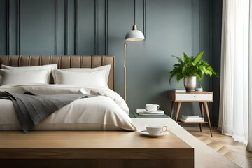 Cup of coffee, tea on wooden night stand. Green bouquet of white viburnum, fern and solomons seal flowers. Bedroom view. Beige pillows, linen blanket in bed. Elegant moulding. Empty wall mockup, brigh