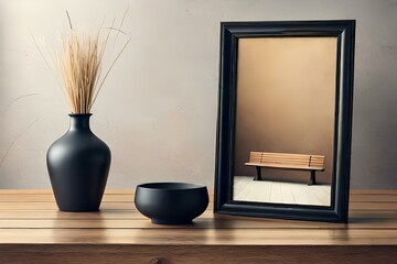 wooden frame mockup for artwork, photo, print and painting presentation. Black and beige vases with dry grass on wooden bench table, bright colors