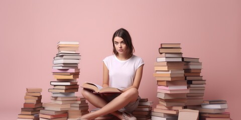 Young Woman Immersed in reading, Surrounded by Books on a Serene Light Pink Background, Embarking on an Intellectual Journey of Wisdom and Imagination