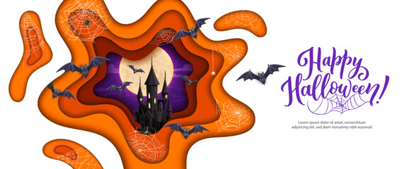 Halloween paper cut midnight castle, cobweb and flying bats, vector horror holiday background. Halloween party poster with haunted castle and night moon, spiderweb and bats in paper cut art