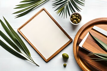 Summer wedding stationery mock-up scene. Blank greeting card, wooden plate, olive tree leaves and branches in sunlight. White table background with palm shadows. Feminine flat lay, top view, bright co