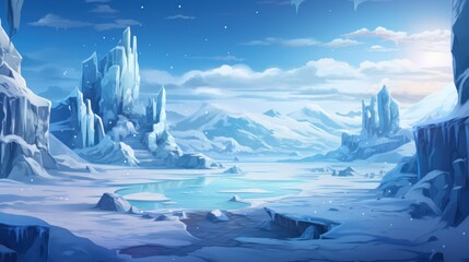 Frozen, snowy wasteland with ice formations, polar animals, and the aurora borealis in the sky game art