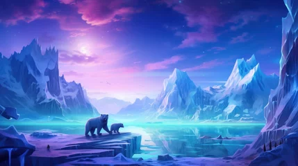 Fototapete Dunkelblau Frozen, snowy wasteland with ice formations, polar animals, and the aurora borealis in the sky game art