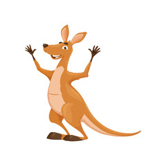 Fototapeta na wymiar Cartoon happy funny kangaroo character. Australia fauna cheerful personage, isolated vector kangaroo happy smiling face mascot or zoo animal cute character raising and waving hands