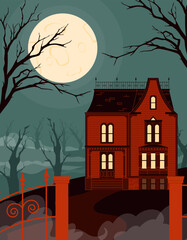 Haunted old red house concept. Poster or banner for Halloween. Ancient creepy castle and town. Holiday and festival of horror and fear. Panorama and landscape. Cartoon flat vector illustration