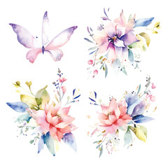Obraz na płótnie Canvas Whimsical Floral Watercolors: Fairy Arrangements on White Background