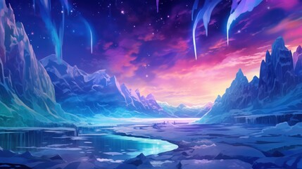 Fototapeta na wymiar Frozen, snowy wasteland with ice formations, polar animals, and the aurora borealis in the sky game art