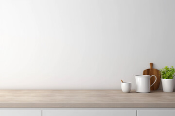 Empty tabletop with white wall for mockups and copy space. Kitchen minimalist interior with wood table. Promotion background.