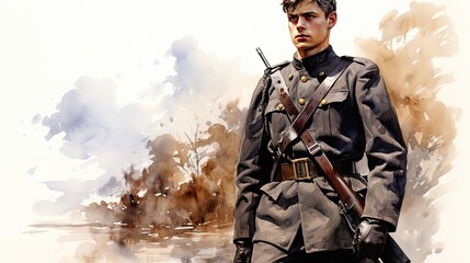 watercolor illustration of a military man against the background of an explosion. Military concept