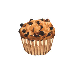 Watercolor dessert cupcake, chocolate chip muffin in wax liner Hand-drawn illustration isolated on white background. Perfect food menu, food drawing, design packing, print