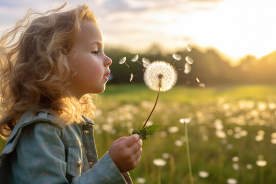 Cute little girl blowing dandelions in a sunny flower meadow