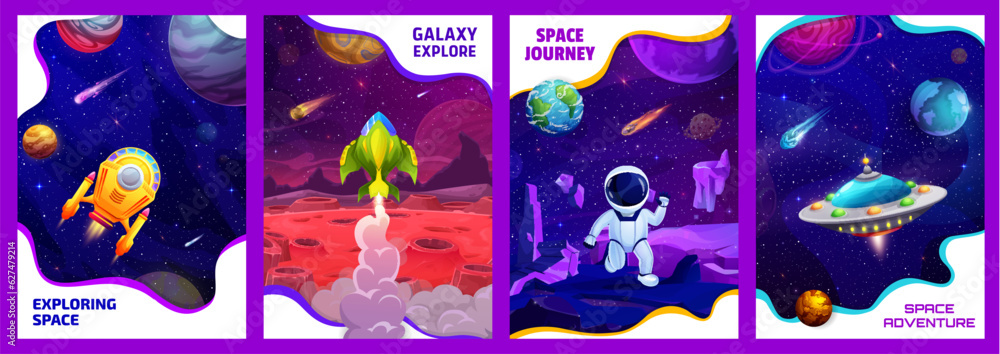 Poster cartoon space posters with spaceships, ufo, astronaut and rocket on galaxy landscape vector backgrou
