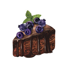 Watercolor dessert, chocolate cake with blueberry. Hand-drawn illustration isolated on white background. Perfect food menu, food drawing, design packing, bakery shop, cooking, tea party