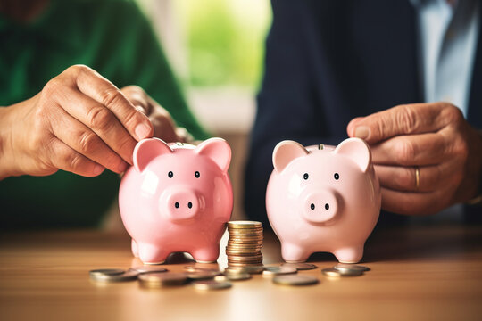 Senior mature retired couple counting pension savings. Piggy bank, money and finances concept, investment for a future, pension fond. High quality photo