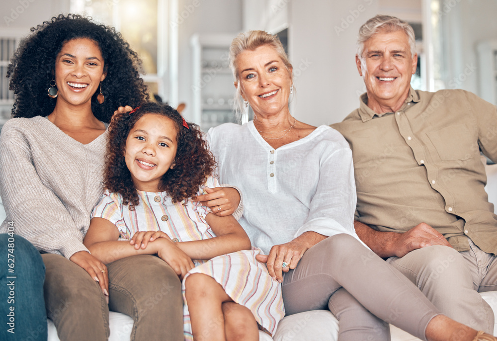 Poster Portrait, family and grandparents, kid and mother in home, bonding and relax together in living room. Interracial mom, grandpa and grandma with girl, smile and happy with care, love and quality time