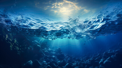 Underwater Scene with Sunlight and Ocean Floor Ocean Depth and Surface with Sunbeams and Fish AI Generated