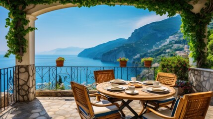 Obraz premium Luxurious villa nestled along the breathtaking Amalfi Coast of Italy, with panoramic views of the sparkling Mediterranean Sea and cliffside terraces