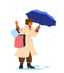 Woman with with umbrella concept. Young girl with bags. Fashion, trend and style. Aesthetics and elegance. Template, layout and mock up. Cartoon flat vector illustration isolated on white background