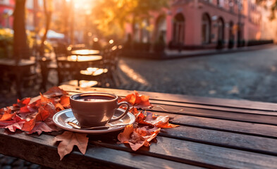 Cup of tea and empty wooden table of outdoor cafe for product display with blurred background. Autumn quiet city street in the background.