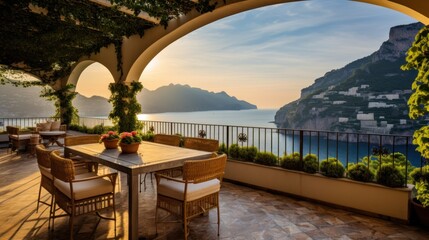 Fototapeta na wymiar Luxurious villa nestled along the breathtaking Amalfi Coast of Italy, with panoramic views of the sparkling Mediterranean Sea and cliffside terraces