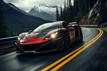 Road trip in a luxury sports car on a mountain serpentine at high speed © staras