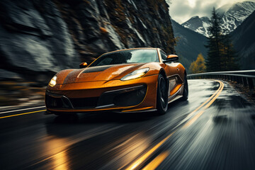 Road trip in a luxury sports car on a mountain serpentine at high speed © staras