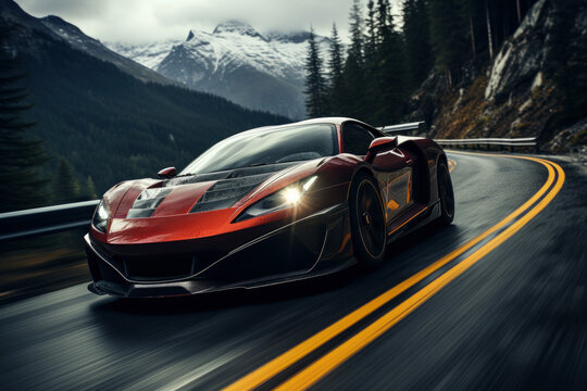 Road trip in a luxury sports car on a mountain serpentine at high speed