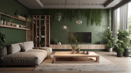 Japanese interior design of a spacious living room. Generative AI