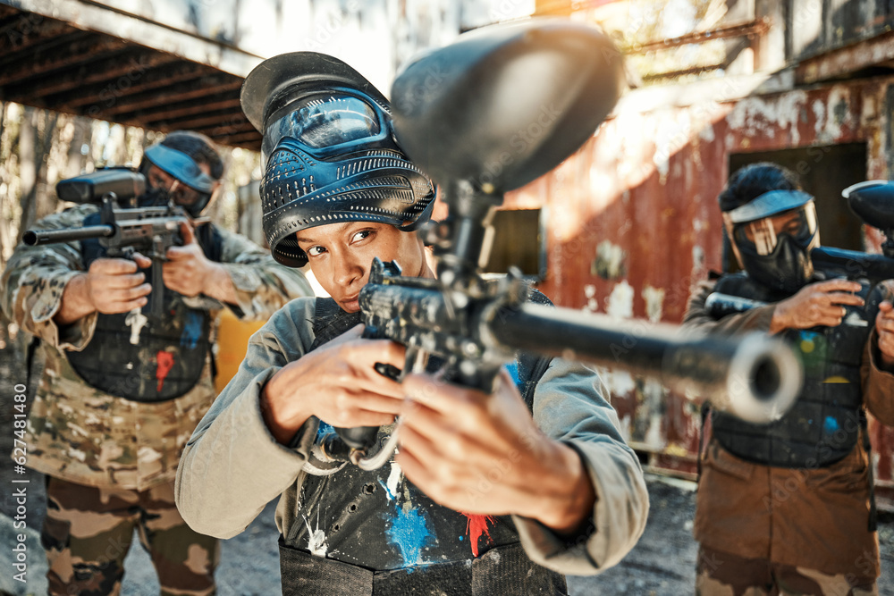 Sticker Paintball team, gun and woman focus on player challenge, target aim or military conflict, fight or soldier mission. Group, serious or people pointing weapon in survival war, action or battle training