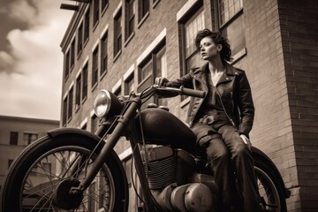 Fototapeta na wymiar Caucasian Woman On Motorbike Backdrop Generative AI
