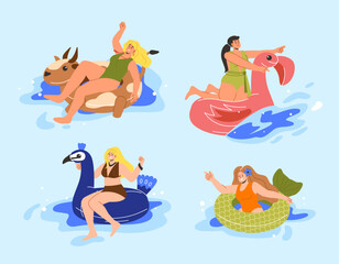 Women swim on inflatable floats set. Young girls in colorful swimsuits on lifebuoys in pool or sea. Summer holiday and leisure. Vacation and tourism. Cartoon flat vector collection