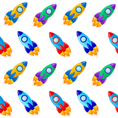 Obraz premium Rockets seamless pattern. Cute colorful rockets, children hand drawn illustration, isolated on white background